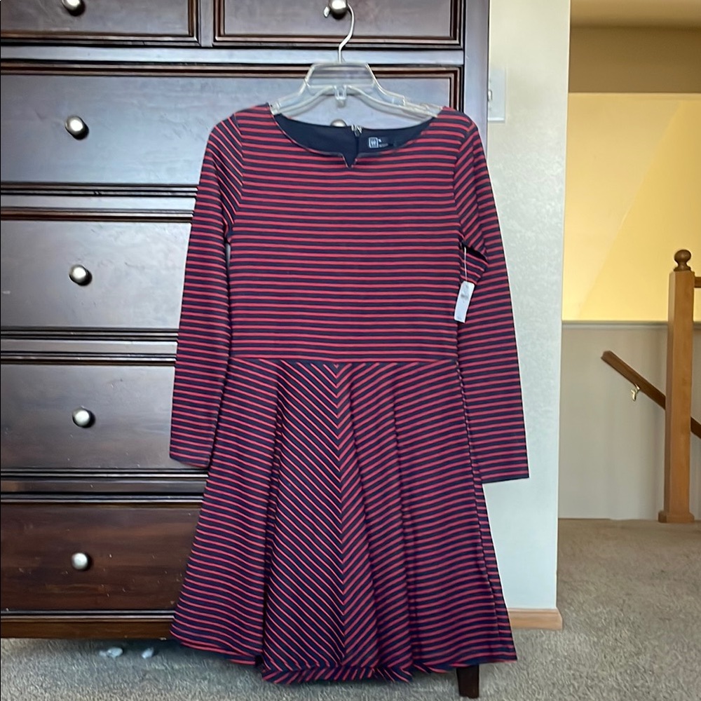 NWT GAP navy and red striped long sleeve dress.